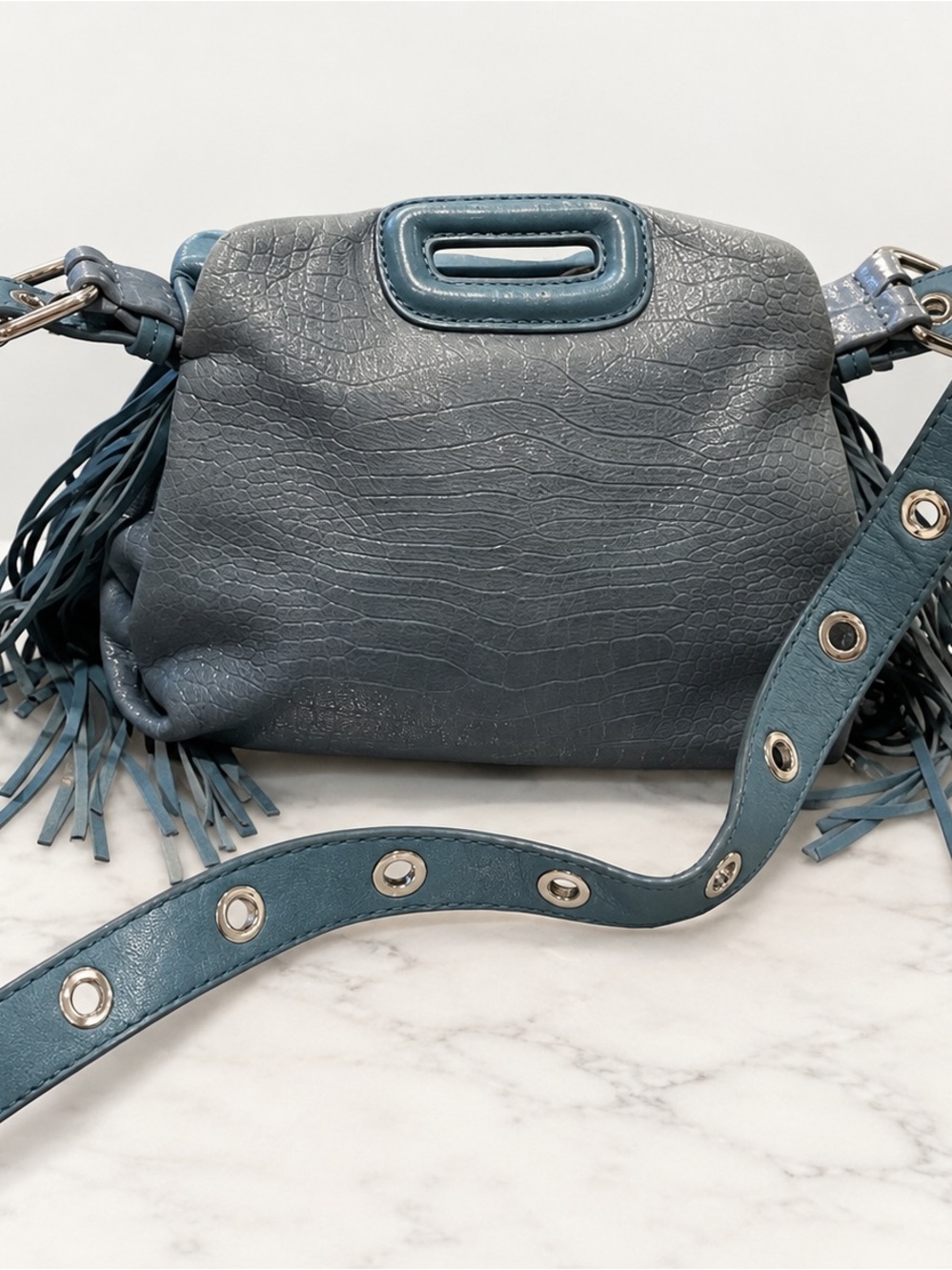 Maje Textured Leather Fringe Shoulder Bag in Slate Blue